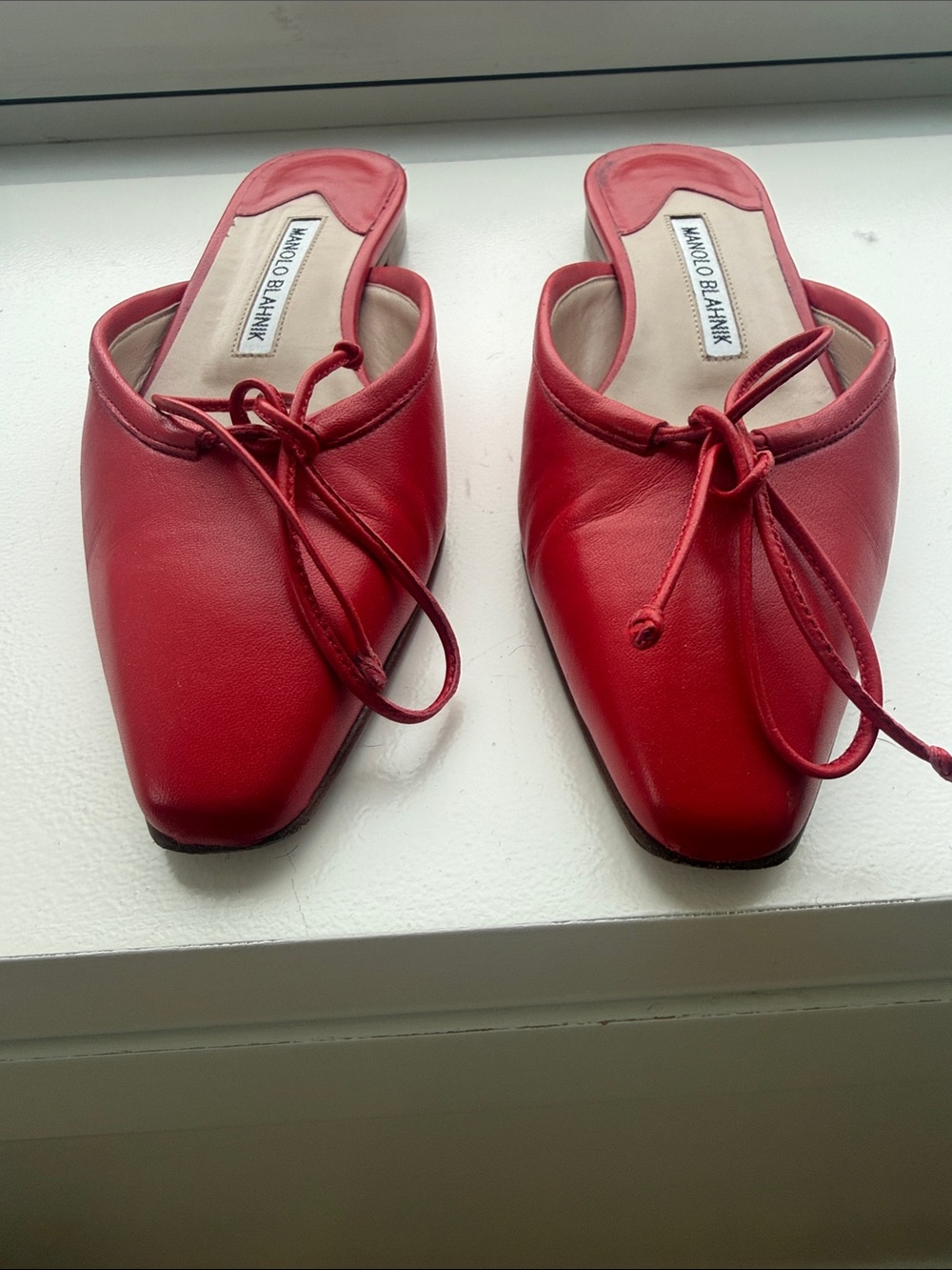 Manolo Blahnik Red Leather Bow-Trim Mule Sz 36